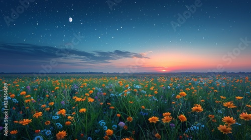 Nature Background, Moonrise Over a Flower Field: An enchanting view of the moon rising over a field of wildflowers in full bloom, with the sky transitioning to twilight. Illustration image, photo