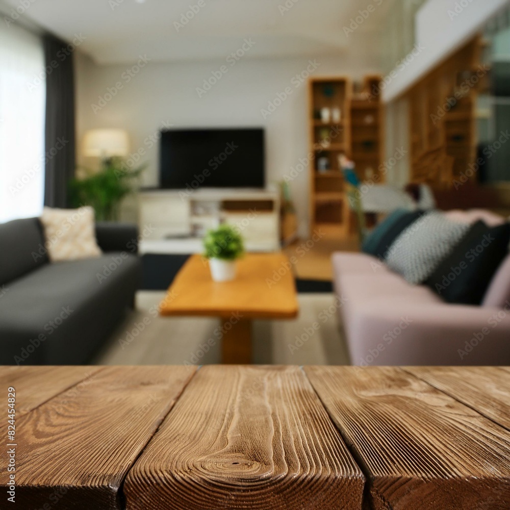 room table, a wood table, impeccably polished to a glossy shine, backdrop of a blurred modern living room interior room table, a wood table, impeccably polished to a glossy shine, backdrop of a blurred modern living room interior