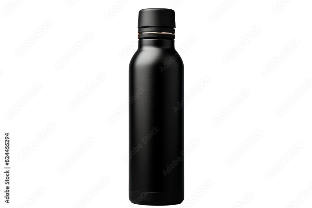 Midnight Elegance: A Black Stainless Steel Water Bottle on a White or Clear Surface PNG Transparent Background. Midnight Elegance: A Black Stainless Steel Water Bottle on a White or Clear Surface PNG Transparent Background.