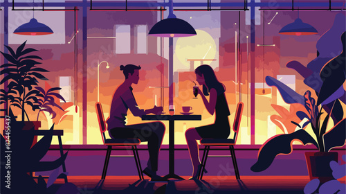 Loving couple sitting at table in restaurant on romance 