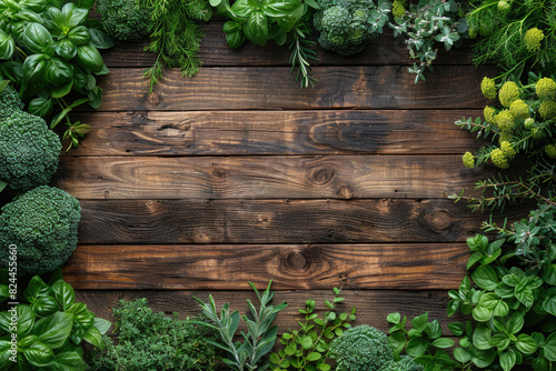 fresh herbs on wooden background. Created with Ai