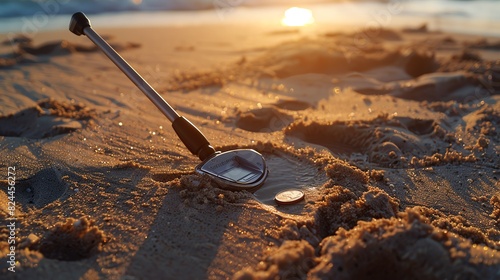 Metal detector discovering a buried coin on a beach