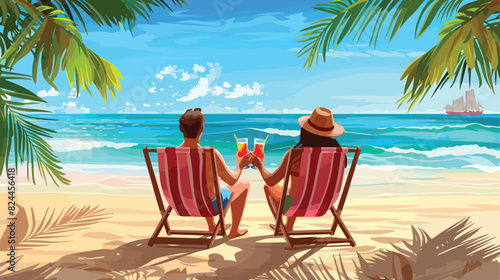 Man and woman sit in deck chairs on sandy beach