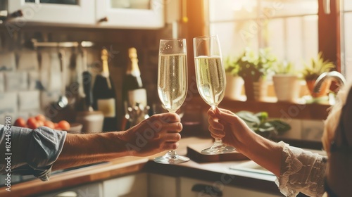 Show a couple toasting with champagne or sparkling juice in the kitchen of their new home, celebrating their successful purchase and new chapter in life.  photo