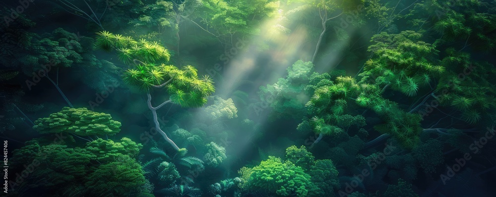 Fototapeta premium Sunlight filters through dense green forest canopy, creating a mystical and serene atmosphere in the lush jungle.
