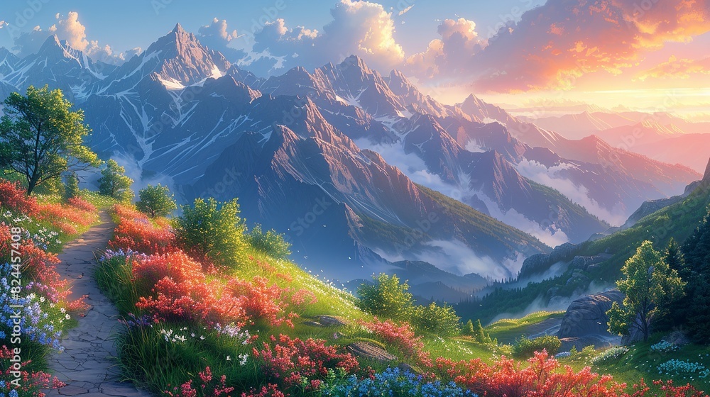 Nature Background, Spring Flowers on a Mountain Path: A scenic mountain path lined with blooming spring flowers, with the sunrise casting a warm light over the landscape. Illustration image,