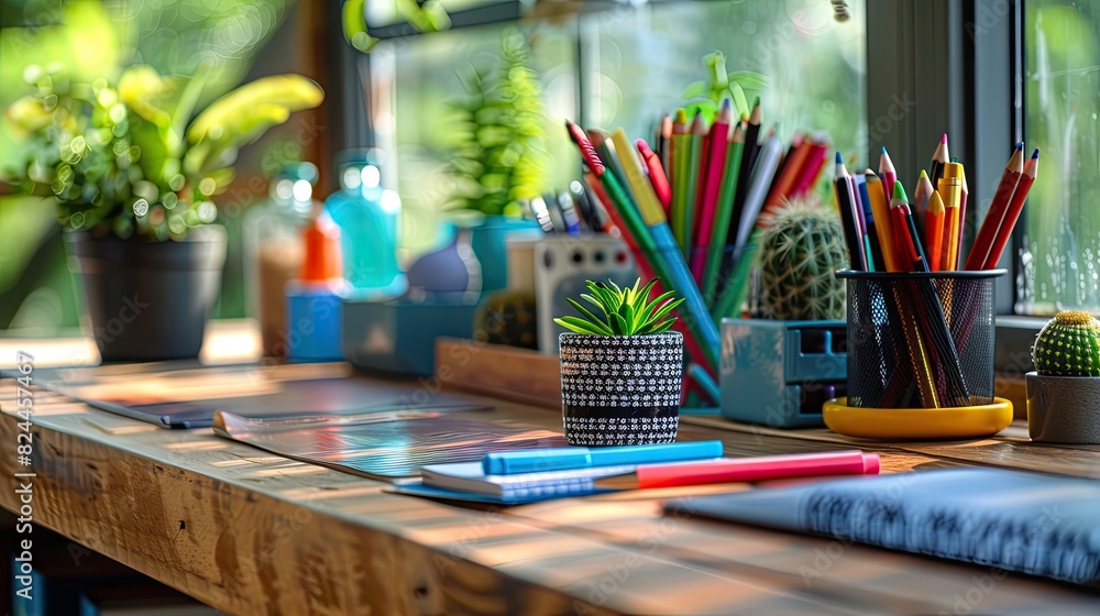 commercial photo, close-up, study room supplies, bottom view, soft light commercial photo, close-up, study room supplies, bottom view, soft light