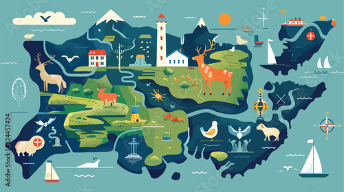 Map of Iceland with touristic landmarks and national