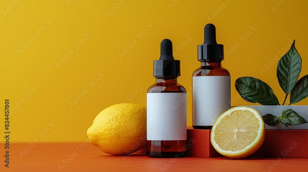Vibrant Citrus Essential Oils with Droppers on Bold Yellow Background Vibrant Citrus Essential Oils with Droppers on Bold Yellow Background