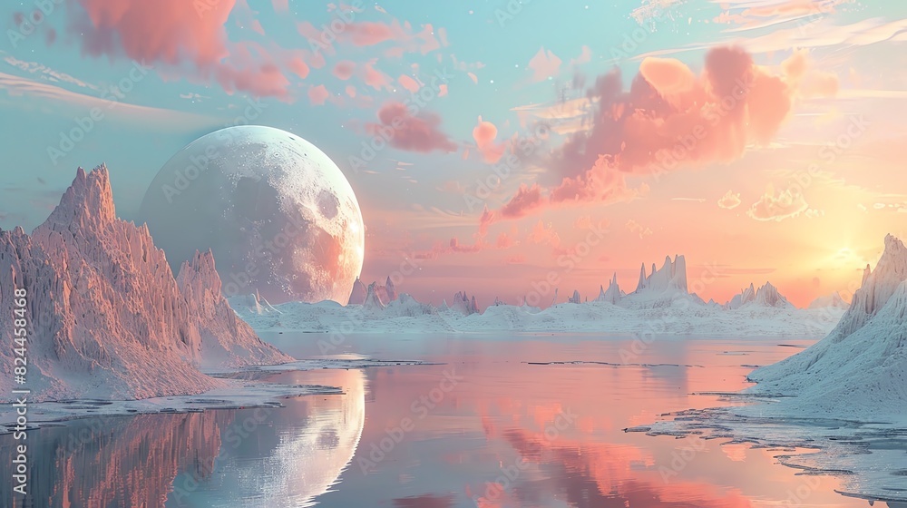 Alien landscapes in pastel image of a serene, otherworldly terrain rendered in 3D pastel shades, focus on, extraterrestrial beauty theme, whimsical, Manipulation, alien planet