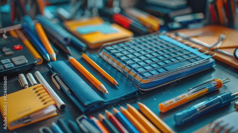 commercial photo, close-up, study room supplies, bottom view, soft light commercial photo, close-up, study room supplies, bottom view, soft light