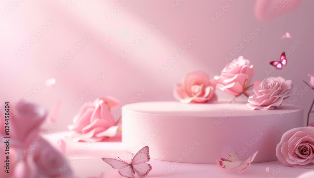 3d render of a pink podium with butterflies and roses for product presentation 3d render of a pink podium with butterflies and roses for product presentation