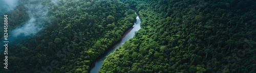Aerial view of a winding river through a dense, lush rainforest. Green canopy, nature landscape, untamed wilderness, misty atmosphere.