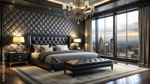 A stunning 3D render of a luxurious bedroom with a captivating Noir-inspired design. The space features a plush king-size bed with black linens  a tufted leather headboard  and a dimly lit chandelier 