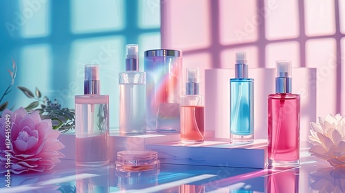 Presentation about the latest trends in cosmetics packaging design. Bottles of cosmetics on a pink and blue background © foto.katarinka