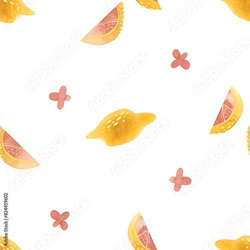 Lemons, lemon slices and pink lemon flowers. Seamless watercolor pattern for fabric, wallpaper, wrapping paper, packaging cosmetics, tablecloths, curtains and home textiles.