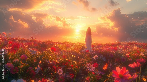 Nature Background, Spring Sunrise in a Flower Meadow: A picturesque meadow filled with blooming spring flowers, with the sun rising in the background, casting a soft, pastel light over the scene. photo