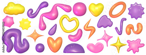 3d abstract y2k shape set isolated. Plastic color playful element star, heart and cloud for kid design. 3d y2k doodle memphis shape. Vector cartoon illustration