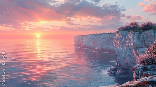 Nature Background, Spring Sunrise Over a Coastal Cliff: A breathtaking view from a cliff overlooking the ocean at sunrise, with the sky painted in soft pinks and oranges. Illustration image,