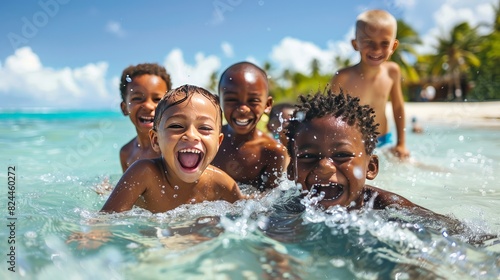 Happy, diverse group of kids, boys and girls, playing in the shallow waters of a tropical beach, laughing and enjoying their summer holiday together