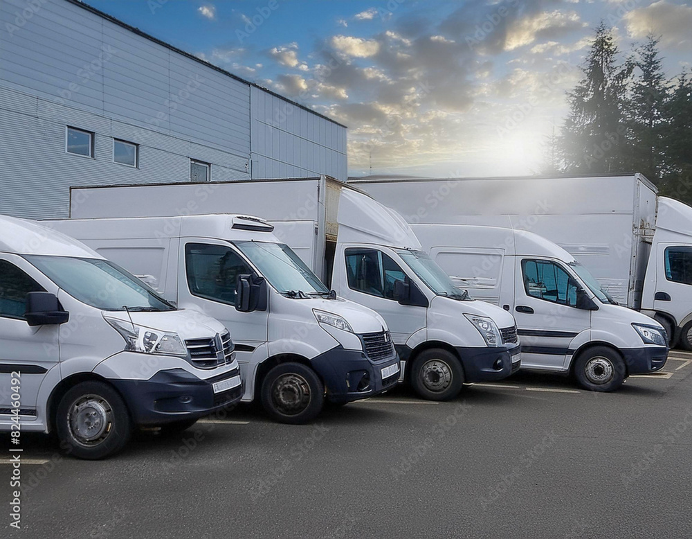 White Delivery Trucks van Backed Up to A Warehouse Building for rent deliver parcel