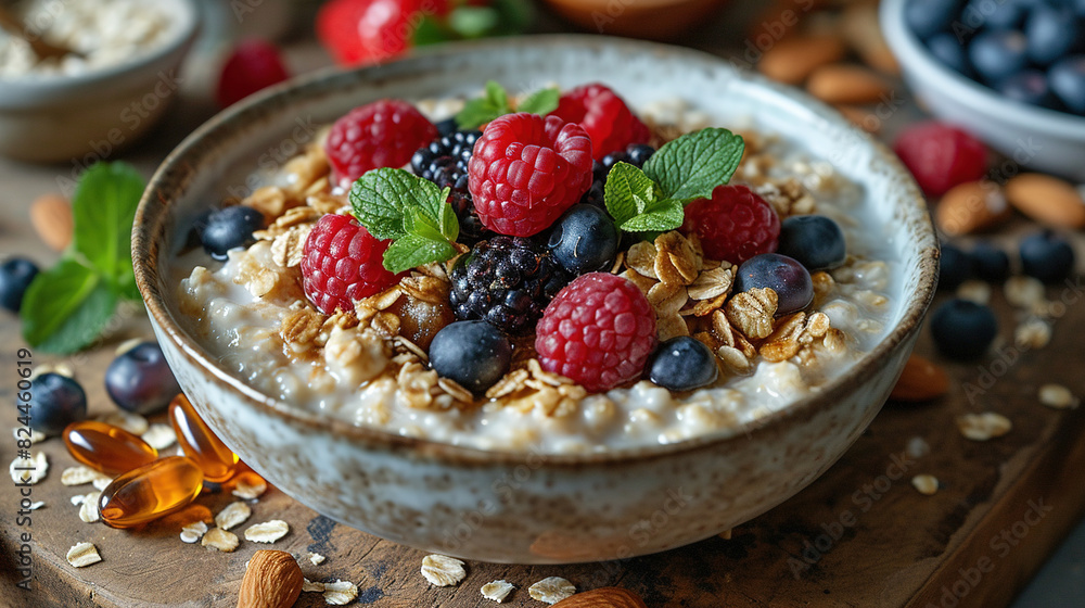 Healthy Breakfast Porridge In Ceramic Bowl With Fruit And Nuts on Top Of Porridge on Blurry Background Healthy Breakfast Porridge In Ceramic Bowl With Fruit And Nuts on Top Of Porridge on Blurry Background
