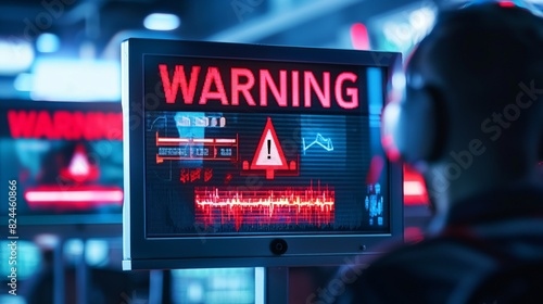 Cybersecurity warning alert on computer screen IT officer specialist look at monitor risk of digital attacks hacking systems networks program