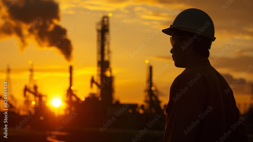 Silhouette of engineer project operations manager oil and gas industry safety helmet safety goggles sunset Silhouette of engineer project operations manager oil and gas industry safety helmet safety goggles sunset
