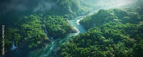 A breathtaking aerial view of a lush green jungle with winding rivers and cascading waterfalls, enveloped in mist and sunlight.