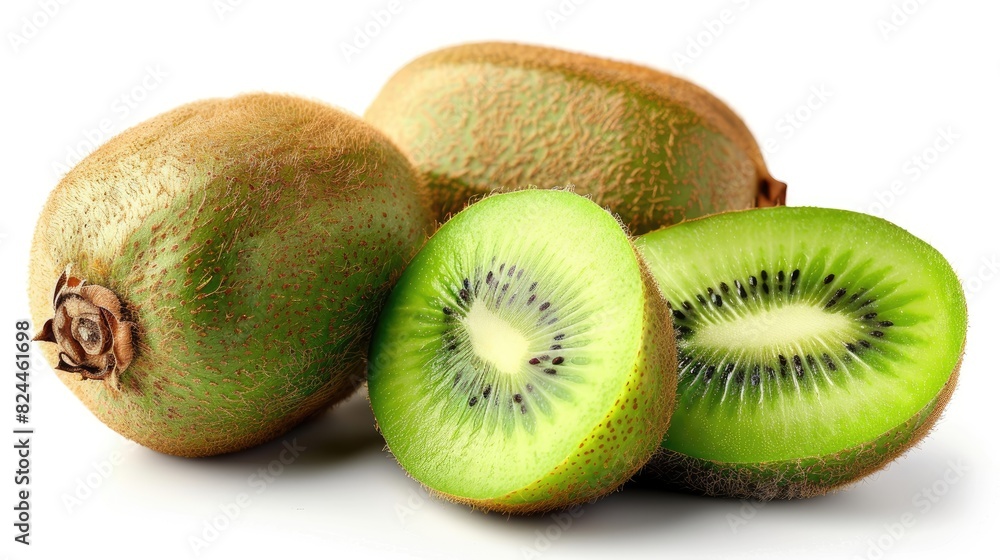 Obraz premium Kiwi fruit whole and sliced segments on a white background