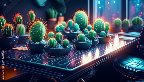 A modern office desk with a clean black surface, decorated with a cluster of tiny cacti  photo
