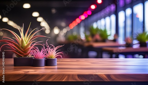 A modern office desk with a dark wood finish, adorned with a trio of air plants in minimalist photo