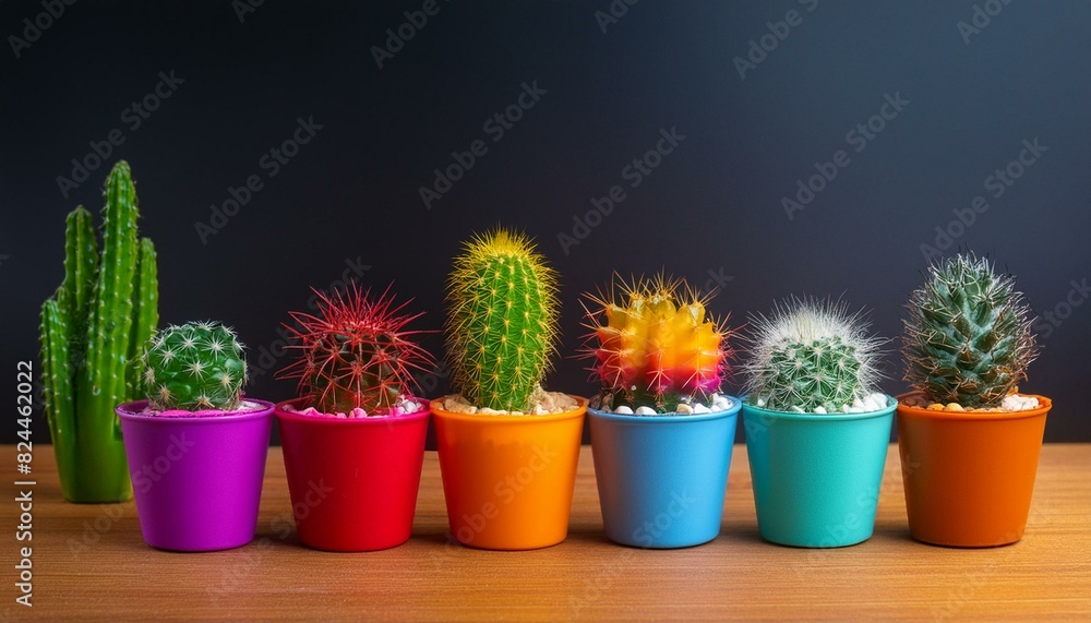 A selection of diverse cacti in colorful, mismatched pots lined up along the back edge A selection of diverse cacti in colorful, mismatched pots lined up along the back edge