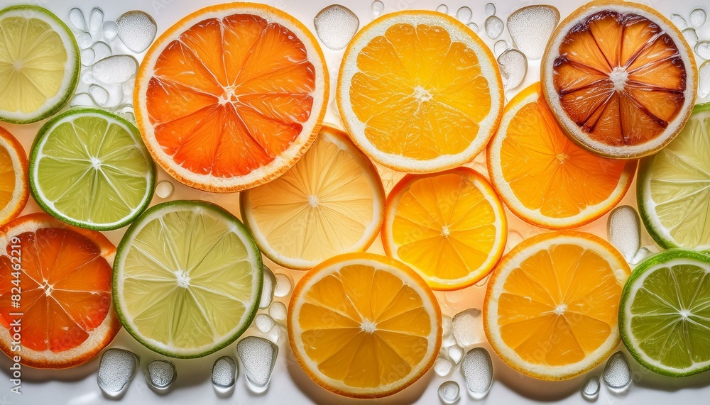 background of fruit. A vibrant array of sliced oranges, lemons, and limes arranged neatly on a clean white surface background of fruit. A vibrant array of sliced oranges, lemons, and limes arranged neatly on a clean white surface