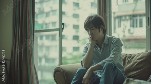 Young man depression stressful sad emotionless jobless sits on sofa in living room Asian male in button shirt