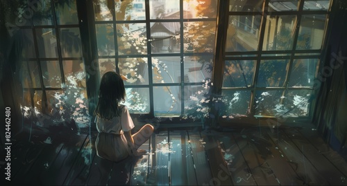 From her perch by the window, the girl feels a sense of connection to the world beyond, as if the glass were a portal to infinite possibilities waiting to be explored.