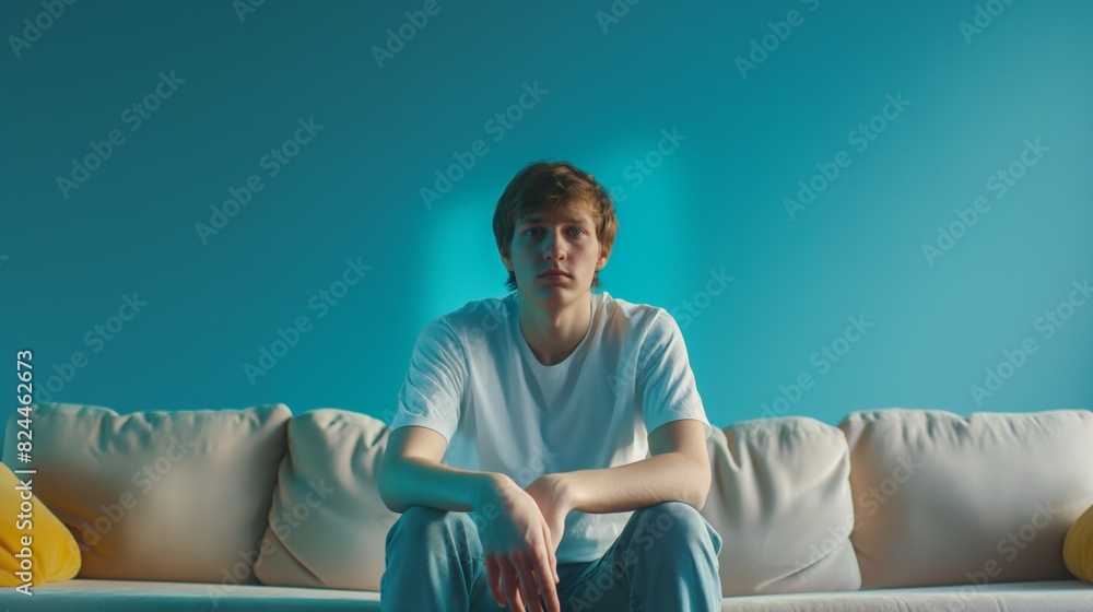 Young man depression dispirited worrying stressful sad emotionless sits on sofa Caucasian male in white shirt denim Young man depression dispirited worrying stressful sad emotionless sits on sofa Caucasian male in white shirt denim