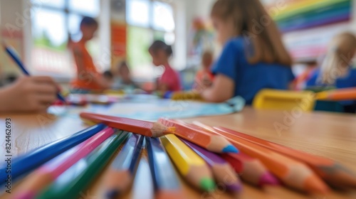 colorful color pencil Art and creativity in an elementary school class Teacher shows his students how to draw using a coloring pencil in a classroom