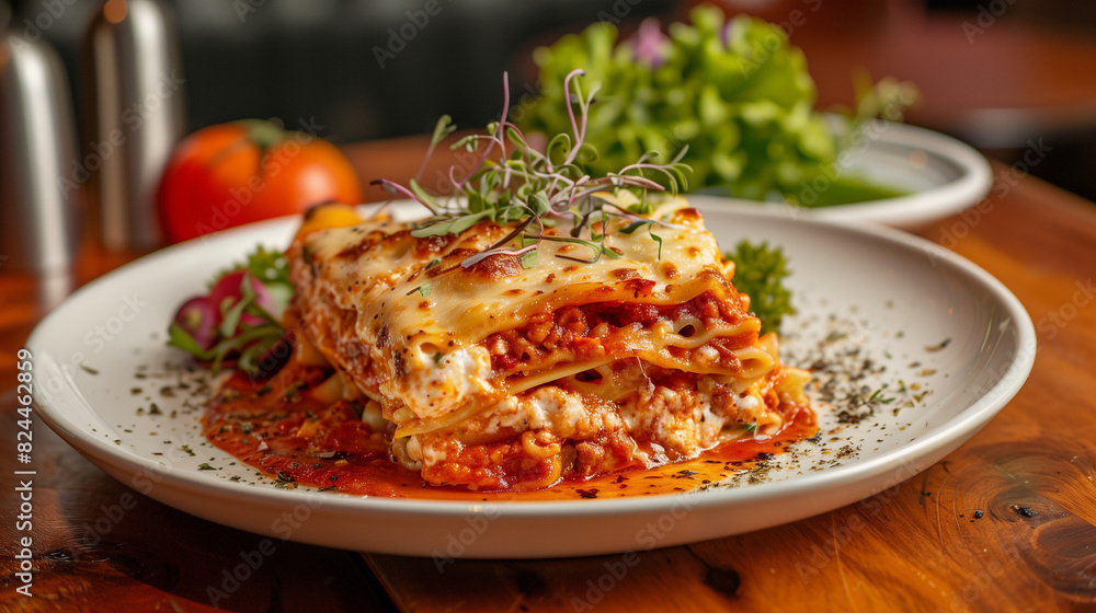 There is a plate of delicious lasagne on a wooden table, where the layers of pasta, meat and tomato sauce combine beautifully, encouraging you to enjoy every bite. There is a plate of delicious lasagne on a wooden table, where the layers of pasta, meat and tomato sauce combine beautifully, encouraging you to enjoy every bite.