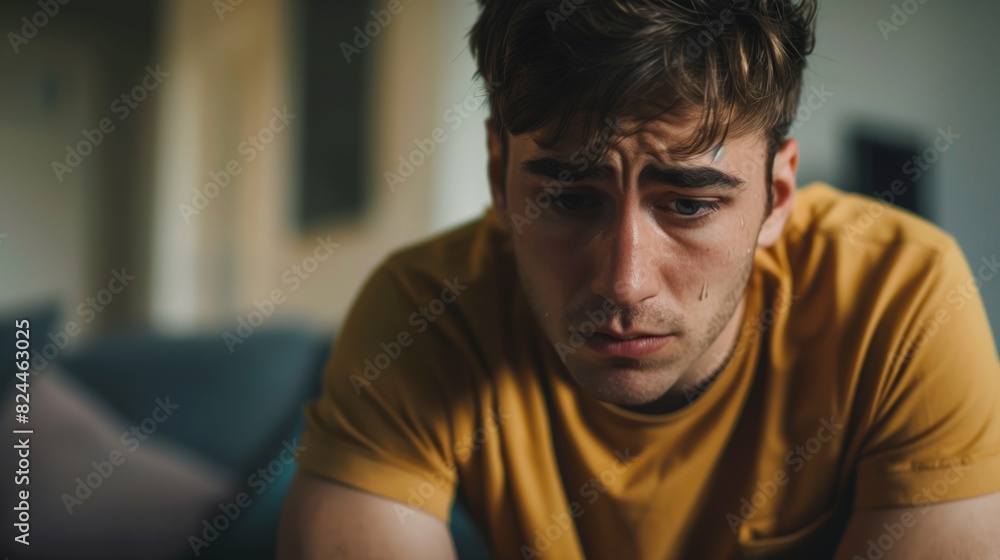 Young man depression crying sobbing stressful sad worrying frustrated sits on sofa Caucasian male in tshirt Young man depression crying sobbing stressful sad worrying frustrated sits on sofa Caucasian male in tshirt
