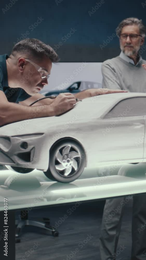 Senior automotive design engineers discuss the design of the car looking at the pencil sketches while working on the sculpture model of the car. Using a rotary tool for final touch ups. Vertical shot Senior automotive design engineers discuss the design of the car looking at the pencil sketches while working on the sculpture model of the car. Using a rotary tool for final touch ups. Vertical shot