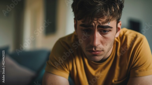Young man depression crying sobbing stressful sad worrying frustrated sits on sofa Caucasian male in tshirt