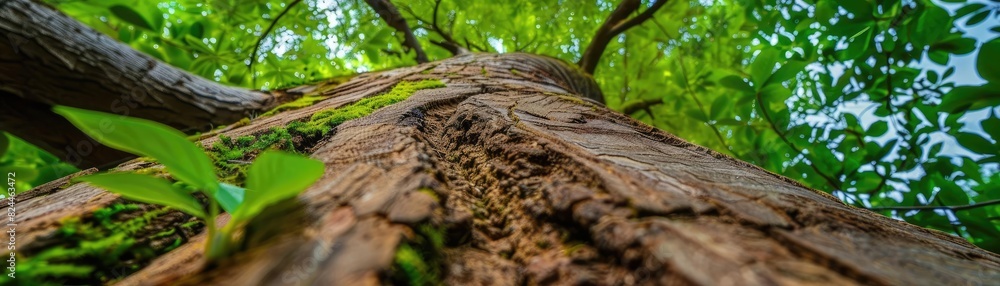 Close-up shot of the rugged bark and vibrant green leaves of a tall tree from a low-angle perspective, under a bright sky. Close-up shot of the rugged bark and vibrant green leaves of a tall tree from a low-angle perspective, under a bright sky.