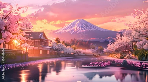 Beautiful Japanese landscape with Mount Fuji and cherry blossoms at sunset. photo