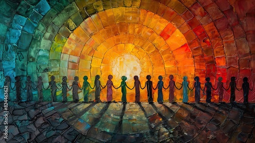 A painting of a group of people holding hands around a rising sun, representing collective effort for a bright future. photo