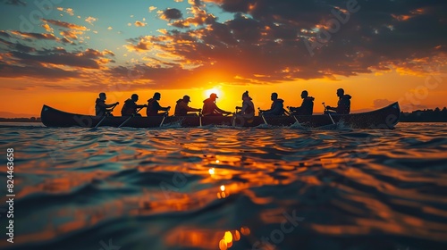An image of people rowing in perfect sync, representing harmony in teamwork. image photo