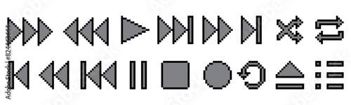 pixel media player, multi media, playback buttons for music audio, video, radio, 8 bit, 16 bit retro game