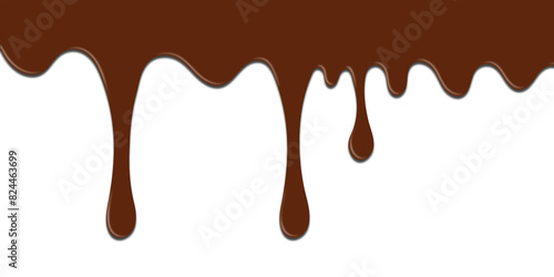 Dark brown chocolate drip and flow. Transparent background with PNG