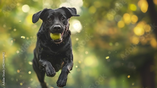 A playful black labrador bounds joyfully through the air, ball secured firmly in its mouth