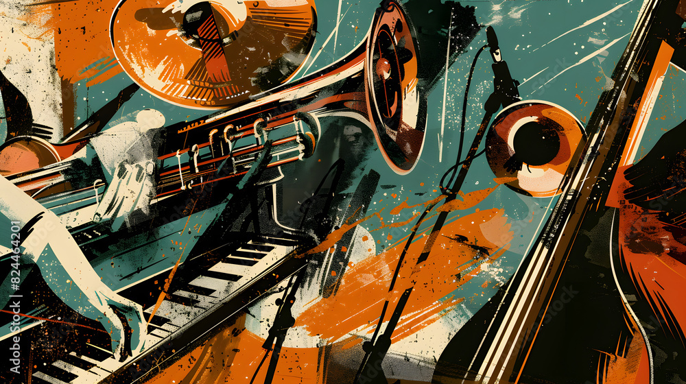 Jazz music instrument and human hands in retro collage vector ...